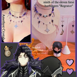 May include: A layered necklace and earrings set with purple beads, silver spikes, and a star pendant. The image also shows a figurine and character art with the text "Pantalone" and "Amethyst Crystals".