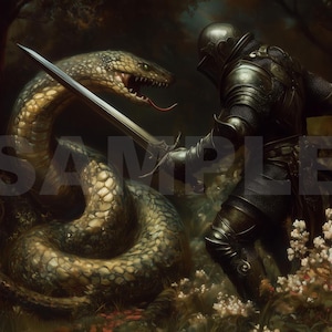 Knight vs Serpent – Medieval Fantasy Battle Poster, Dark Art Print