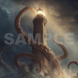 Kraken contro il faro / Mostro marino surreale / Poster fantasy cinematografico / Decorazione con creature mitologiche nautiche