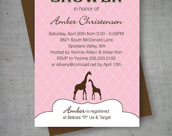 Printable Pink Giraffe Baby Shower Invitation Card (PDF)