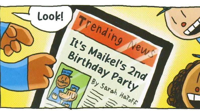 K&ouml;nnte beinhalten: Comic-Strip-Panel mit der &Uuml;berschrift &bdquo;Trending News&ldquo; und &bdquo;It's Maikel's 2nd Birthday Party&ldquo;. Eine Hand zeigt auf die Nachrichten. Das Wort &bdquo;Look!&ldquo; steht in einer Sprechblase. Das Bild enth&auml;lt Zeichentrickfiguren.