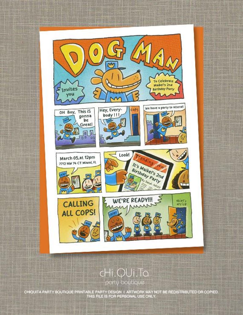 K&ouml;nnte beinhalten: Eine farbenfrohe Einladung zur Dog Man-Geburtstagsfeier. Das Design im Comic-Stil zeigt Panels mit Text wie "L&auml;dt dich ein", "Alle Cops rufen!" und "Wir sind bereit!!!" Die Einladung enth&auml;lt Datum, Uhrzeit und Ort der Party.