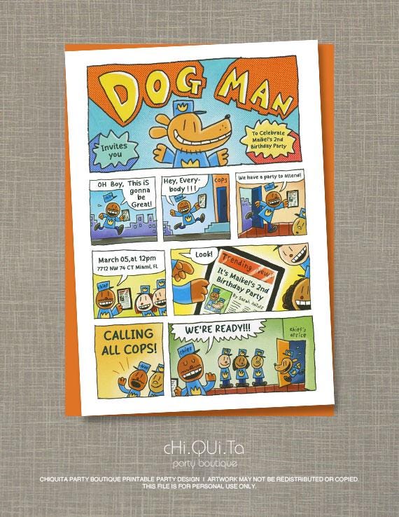 Tarjeta de invitación imprimible para cómic o novela gráfica de Dog Man (PDF)