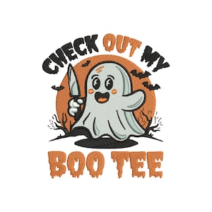 May include: A Halloween-themed graphic featuring a cartoon ghost holding a knife, set against an orange backdrop resembling a moon. The text "CHECK OUT MY BOO TEE" is arched above and below the ghost. Bats and bare branches complete the design.