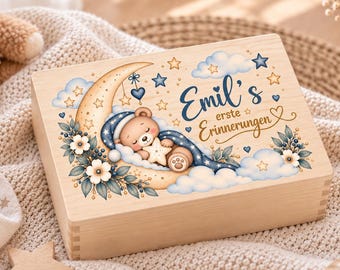 Erinnerungskiste Baby Junge personalisiert | Holzkiste mit Namen | Geschenk zur Geburt und Taufe | Baby Erinnerungsbox mit Teddy & Mond