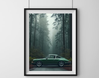 Vintage Green car Poster, 1970s Retro Car Art,  Classic car Green Retro Car Print Man Cave Design Gifts for Him