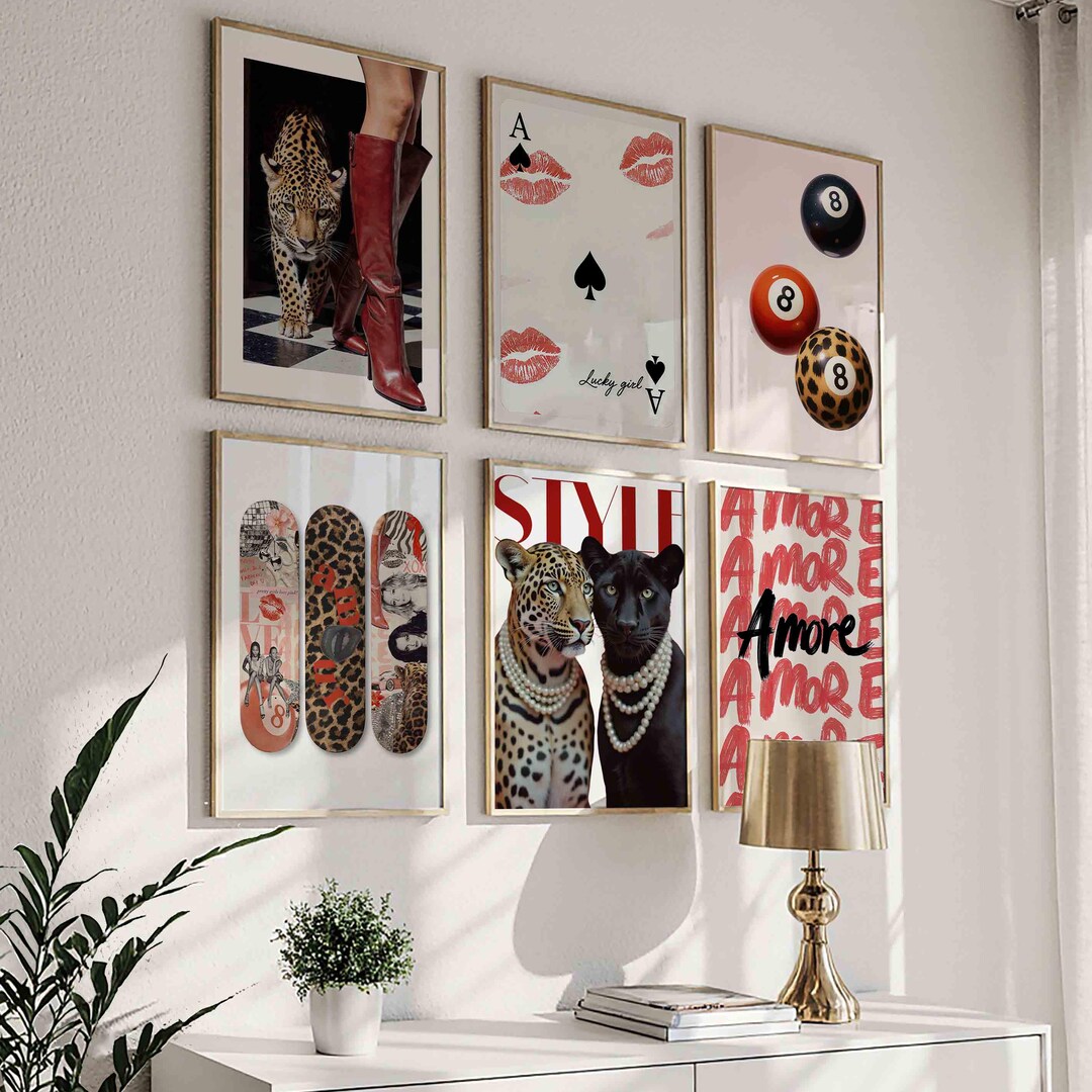 Trendy Red Wall Art Set of 6, Retro 8 Ball Poster, Red Cheetah Print ...
