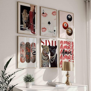Trendy Red Wall Art Set of 6, Retro 8 Ball Poster, Red Cheetah Print, Trendy Red Print Skateboard Digital Prints Preppy Dorm Room Decor