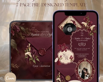 May include: A 7-page burgundy wedding website template displayed on a tablet and smartphone. The design features floral accents, wax seal graphics, and text including "Burgundy Wedding Website" and "Sophia & Rafael."
