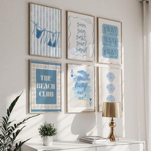 Blue Coastal Beach Gallery Wall, Digital Art Download, 6 Prints Set, Cute Summer Art Prints, Girly Wall Art, Trendy Beach House Decor