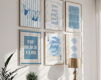 Conjunto de 6 pôsteres para parede com tema praiano azul, arte de parede com inspiração praiana, pôsteres fofos de verão, arte de parede feminina, decoração moderna para casa de praia.