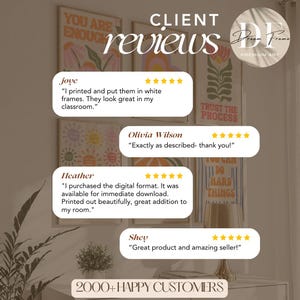 May include: A wall display of framed art prints with inspirational quotes and floral designs. Customer reviews are displayed below the prints, with the text "2000+ HAPPY CUSTOMERS" at the bottom.