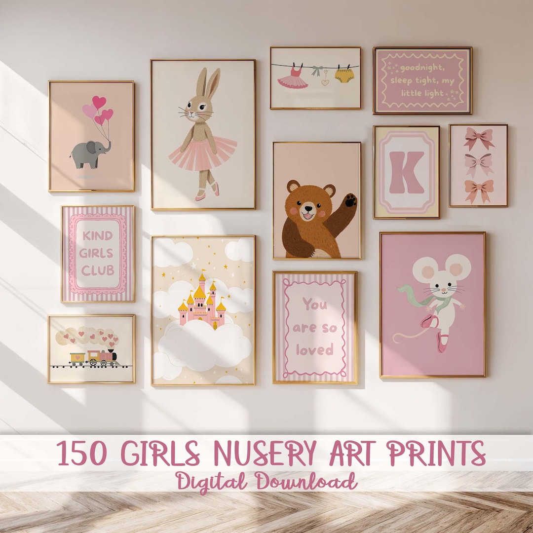 Girl Nursery Print Bundle Set 150+, Pink Baby Room Printable Wall Art ...