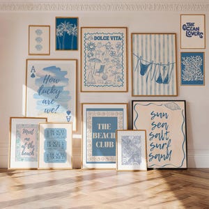 Blue Coastal Beach Gallery Wall, Digital Art Download, 12 Prints Set, Cute Summer Art Prints, Girly Wall Art, Trendy Beach House Decor