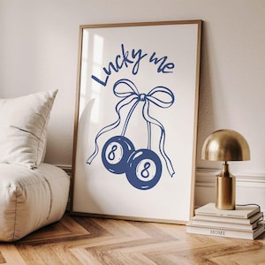Blue Lucky Me 8 Ball Art Print Poster, Vintage Food Print, Trendy Retro Print, Cherry Illustration, Girly Summer Print, Aesthetic Wall Art