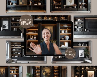 Zoom Background Home Office | Office Wall Shelving | Dark Art Deco | Aethetic Photo | Virtual Modern Office Digital Backdrop