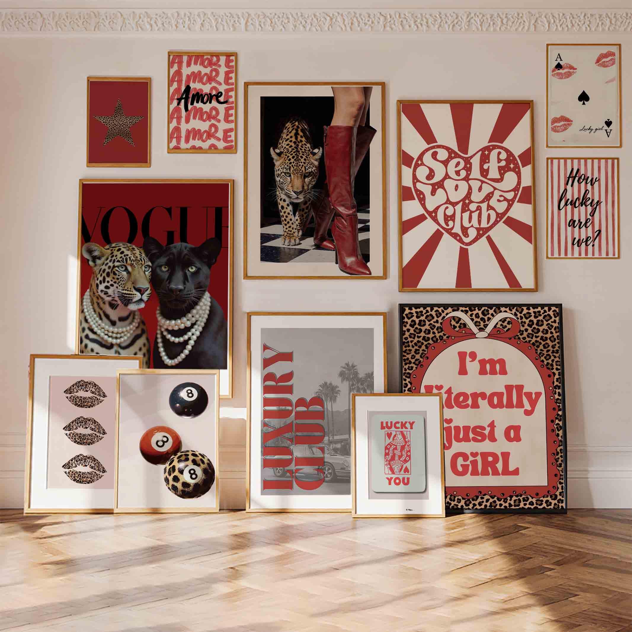 Cheetah Wall Art Set of 12 Red Black Leopard Print Chic Girly Posters for College Dorm Girl Apartment Retro Decor Vintage Digital Download