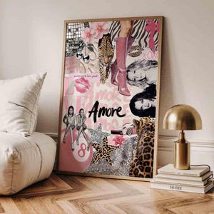 May include: A framed collage print with a pink and gold color scheme. The artwork features images of leopard print, pink boots, lips, and the word "Amore". The phrase "pretty girls love pink" is also visible.