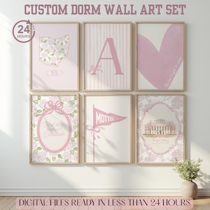 May include: A set of six framed wall art prints in shades of pink and white. The prints feature an Ohio state map with floral patterns, a large letter A with a bow, a heart, a floral frame with text, a pennant flag, and a building illustration.