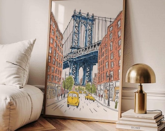 Stampa retrò del ponte di Brooklyn, poster di New York City, arte di New York City, poster di New York, poster della città, stampa alla moda, poster di New York, arredamento per dormitori