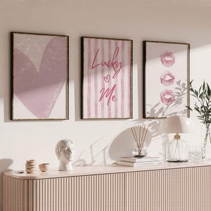 Pastel Pink Lucky Me Pin Stripe Set of 3 Wall Art - Heart Lucky you Poster -Dorm Aesthetic Preppy Coquette Art - Digital Download Set