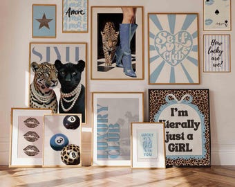 Gepard Wand-Kunst-Satz von 12 Pastellblau Leopard-Druck-niedlichen Girly Poster für College Wohnheim Mädchen Wohnung Retro Dekor Vintage Digital Download