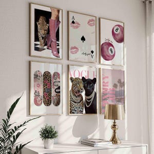 Gallery Girly Prints Pink Fashion Wall Art 6 Prints Set Trendy Leopard Print Magazine Cover Decor Aesthetic Decor Lucky Poster Funky Art
