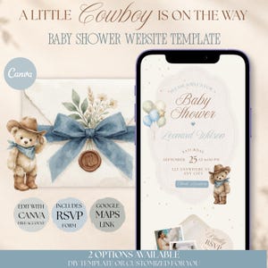 Puede incluir: Una plantilla de sitio web para baby shower con un osito de peluche en acuarela que lleva sombrero y botas de vaquero. El diseño incluye un lazo azul, detalles florales y el texto A LITTLE COWBOY IS ON THE WAY, BABY SHOWER WEBSITE TEMPLATE.