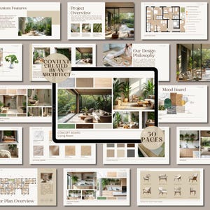 Plantilla de diseño de interiores, presentación para clientes, plantilla de Canva/propuesta editable para clientes, tablero de inspiración y portafolio de Greenery