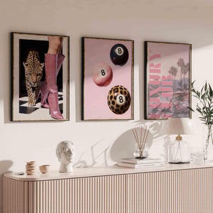 Pink Leopard Wall Art Set Black and White Gallery 3 Trendy Fashion Stylish Prints Decor Office Aesthetic Girly Wall Art Fashion Magazine