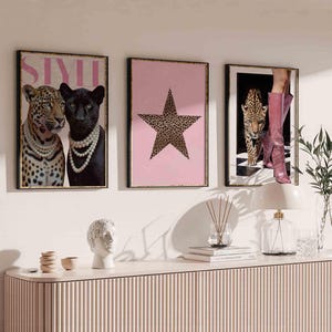 Pink Leopard Wall Art Set Black and White Gallery 3 Trendy Fashion Stylish Prints Decor Office Aesthetic Girly Wall Art Fashion Magazine