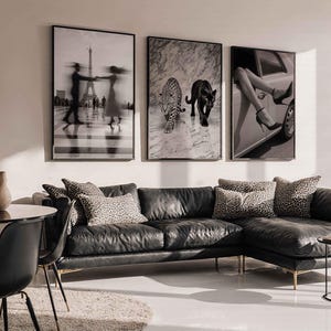 Op de afbeelding: Een woonkamer met drie ingelijste zwart-wit kunstprints. De prints tonen een dansend stel bij de Eiffeltoren, twee grote katten en benen in hakken. Een zwarte leren hoekbank met kussens met luipaardprint maakt de inrichting compleet.