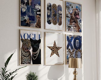 Gepard-Wand-Kunst-Satz mit 6 blauem Leoparden-Druck niedlichen Girly Plakaten für College Wohnheim Mädchen Wohnung Retro-Dekor Vintage Blau trendige Drucke