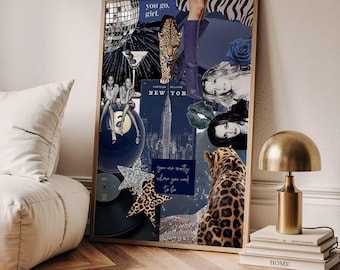Trendy marineblauwe muurkunst, esthetische collageposter, zwart-wit trendy mode stijlvolle prints esthetische girly muurkunst Fashion Magazine