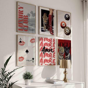 Red Leopard Wall Art Set Black and White Gallery 6 Trendy Fashion Stylish Prints Decor Office Aesthetic Girly Wall Art Fashion Magazine