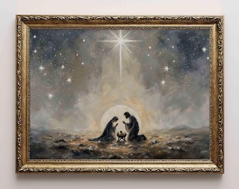 May include: A framed painting depicting the Nativity scene. The artwork features a starry night sky with a bright star, and silhouettes of Mary, Joseph, and baby Jesus. The frame is gold-colored with ornate detailing.