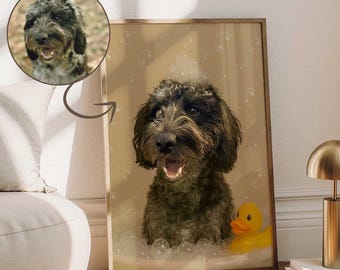 Custom Pet Portrait Photo,Custom Bathroom Pet Portrait, Funny Bathroom Art,Dog Reading Newspaper,Dog Wall Art,Pet in Bathtub, Cat Portrait