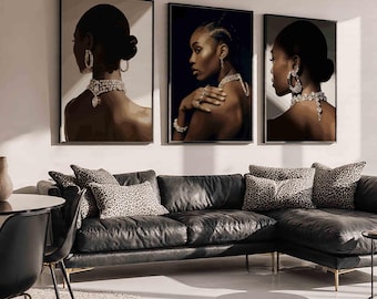 Set of 3 Luxury Black Woman Art, Black Girl Room Decor, Printable Home Decor, Black Girl Wall Art, Trendy Black Girl Wall Art, Fashion Decor