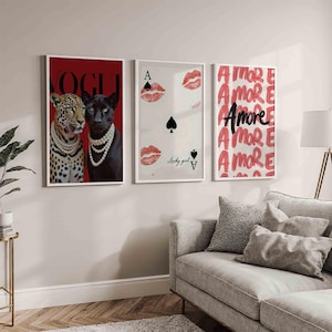 Red Leopard Wall Art Set Black and White Gallery 6 Trendy Fashion Stylish Prints Decor Office Aesthetic Girly Wall Art Fashion Magazine