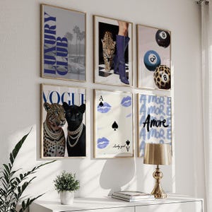 Leopard Wall Art Set Black and White Gallery 6 Blue Trendy Fashion Stylish Prints Decor Office Aesthetic Girly Wall Art Fashion Magazine