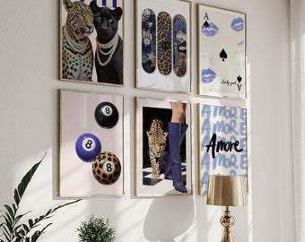Trendy blauwe muurkunst set van 6, retro poster met 8 ballen, blauwe cheetah-print, trendy print skateboard digitale prints Preppy decor slaapzaal
