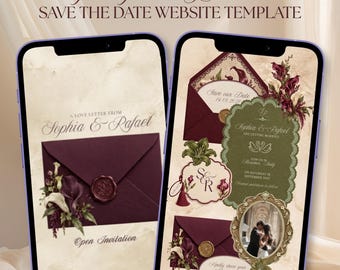 May include: Two smartphones display a Burgundy & Green Olive Save The Date website template. The screens feature burgundy envelopes with wax seals, floral illustrations, and text including Sophia & Rafael, Save our Date, and RSVP HERE.