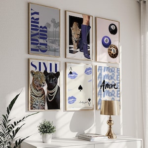 Leopard Wall Art Set Black and White Gallery 6 Blue Trendy Fashion Stylish Prints Decor Office Aesthetic Girly Wall Art Fashion Magazine
