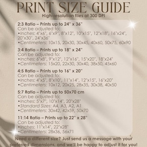 May include: Print size guide with high-resolution file information. Includes ratios for 2:3, 3:4, 4:5, 5:7, and 11:14 prints. Lists print sizes in inches and centimeters, such as 24" x 36" and 60x90 cm.