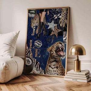Trendy Leopard Roar Print - Blue Fashion Stylish Wall Art Print - Cheetah Prints - Aesthetic Collage Poster - Trendy Aesthetic Download