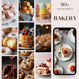 Puede incluir: Una colección de imágenes que muestran varios productos horneados, incluidos donuts, cupcakes, pasteles y tartas. Las imágenes están dispuestas en una cuadrícula y presentan una variedad de colores, texturas y sabores. El texto "50+ IMÁGENES DE STOCK PANADERÍA" se muestra en la parte superior de la imagen.