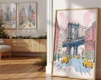 Poster con stampa di New York City, arte di New York City, poster di New York, stampa alla moda, stampa natalizia, arte murale natalizia, stampa preppy femminile, arredamento per dormitori