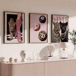 Pink Leopard Wall Art Set Black and White Gallery 3 Trendy Fashion Stylish Prints Decor Office Aesthetic Girly Wall Art Fashion Magazine