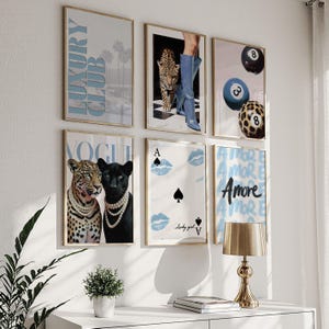 Trendy Blue Wall Art Set of 6, Retro 8 Ball Poster, Blue Cheetah Print, Blue Print Trendy Kiss Lips Digital Prints Preppy Dorm Room Decor
