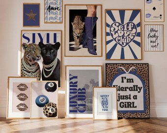 Wandbild-Set mit Gepardenmotiv, 12 blaue Leopardenmuster, niedliche Mädchenposter für Studentenwohnheim, Mädchenwohnung, Retro-Dekor, Vintage-Blau, trendige Drucke